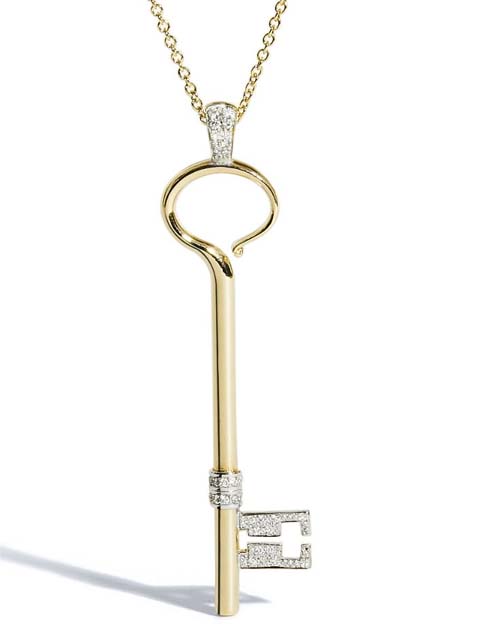 14K Gold Diamond Lock and Key Pendant Yellow Gold / 20 inch